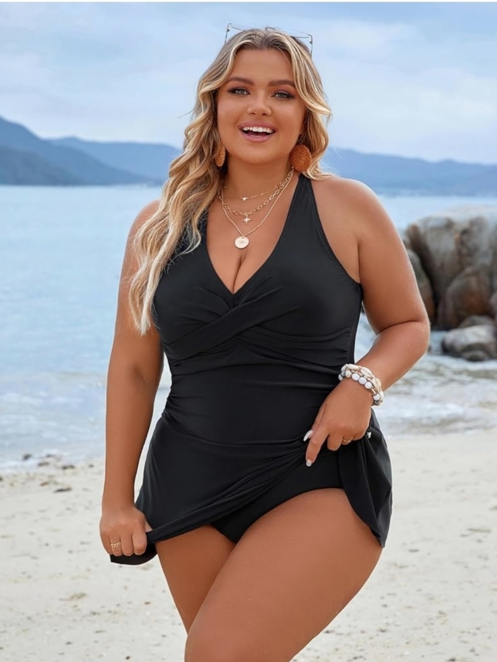 BLOOMING JELLY - 3X Black 1 Piece V-Neck Swim Dress with Side Knot - Picture 4 of 12